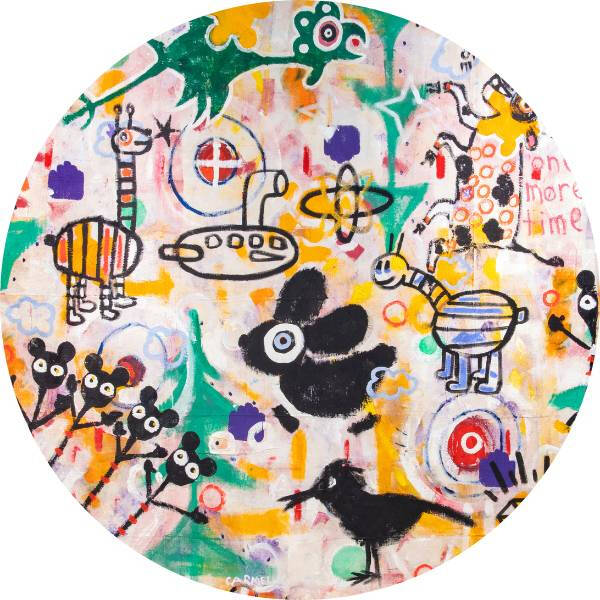 Painting of lots of different colors, shapes and characters like giraffes, birds, and cows.